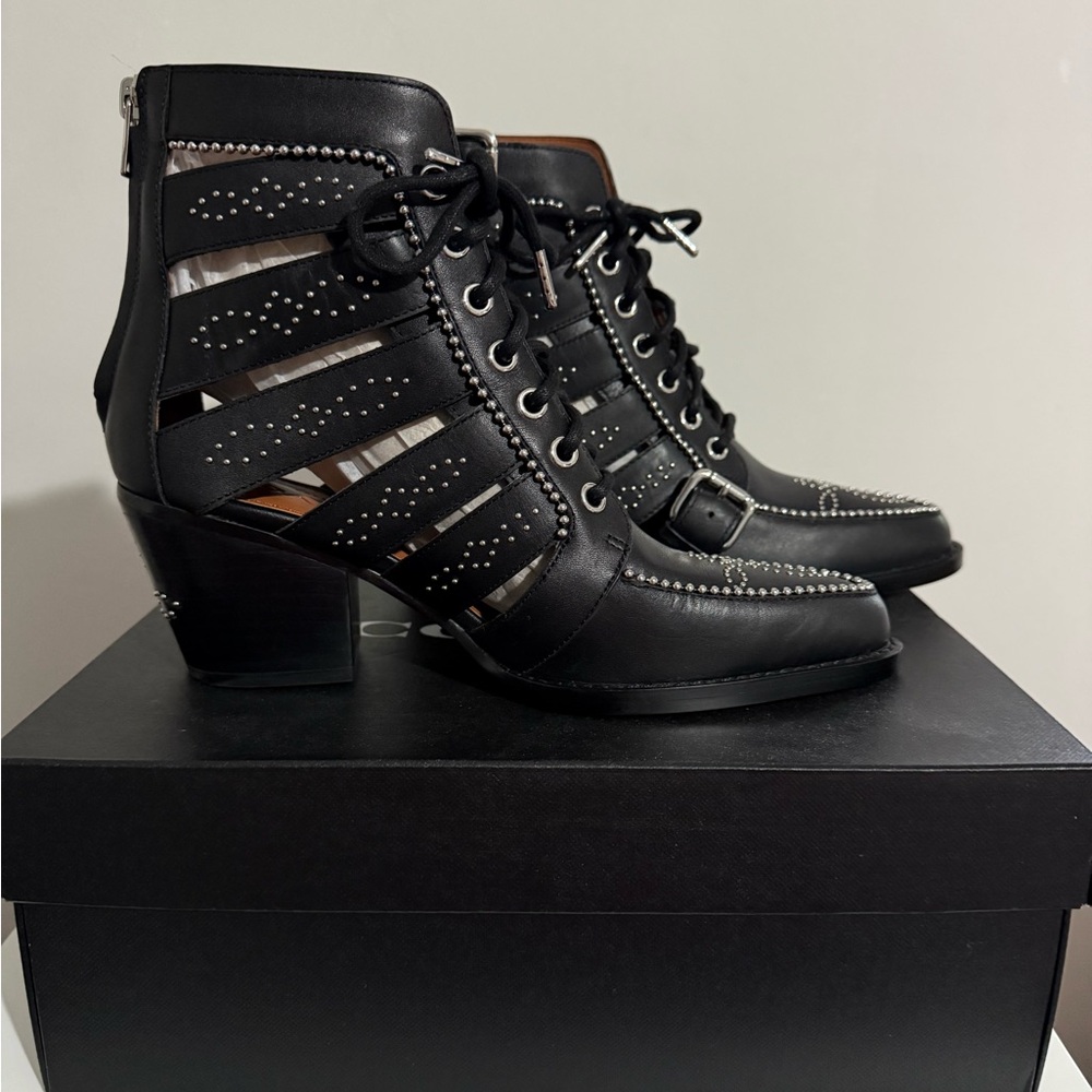 Coach Black leather Studded Paisley ankle boots New in box